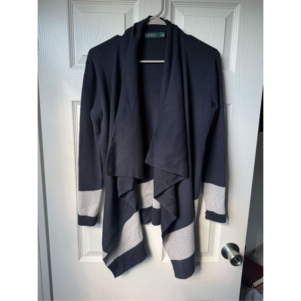 LRL Ralph Lauren Cardigan Small Women's Navy Gray Tiered Stretch Basic Sweater